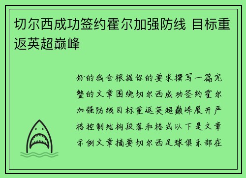 切尔西成功签约霍尔加强防线 目标重返英超巅峰 切尔西成功签约霍尔加强防线 目标重返英超巅峰